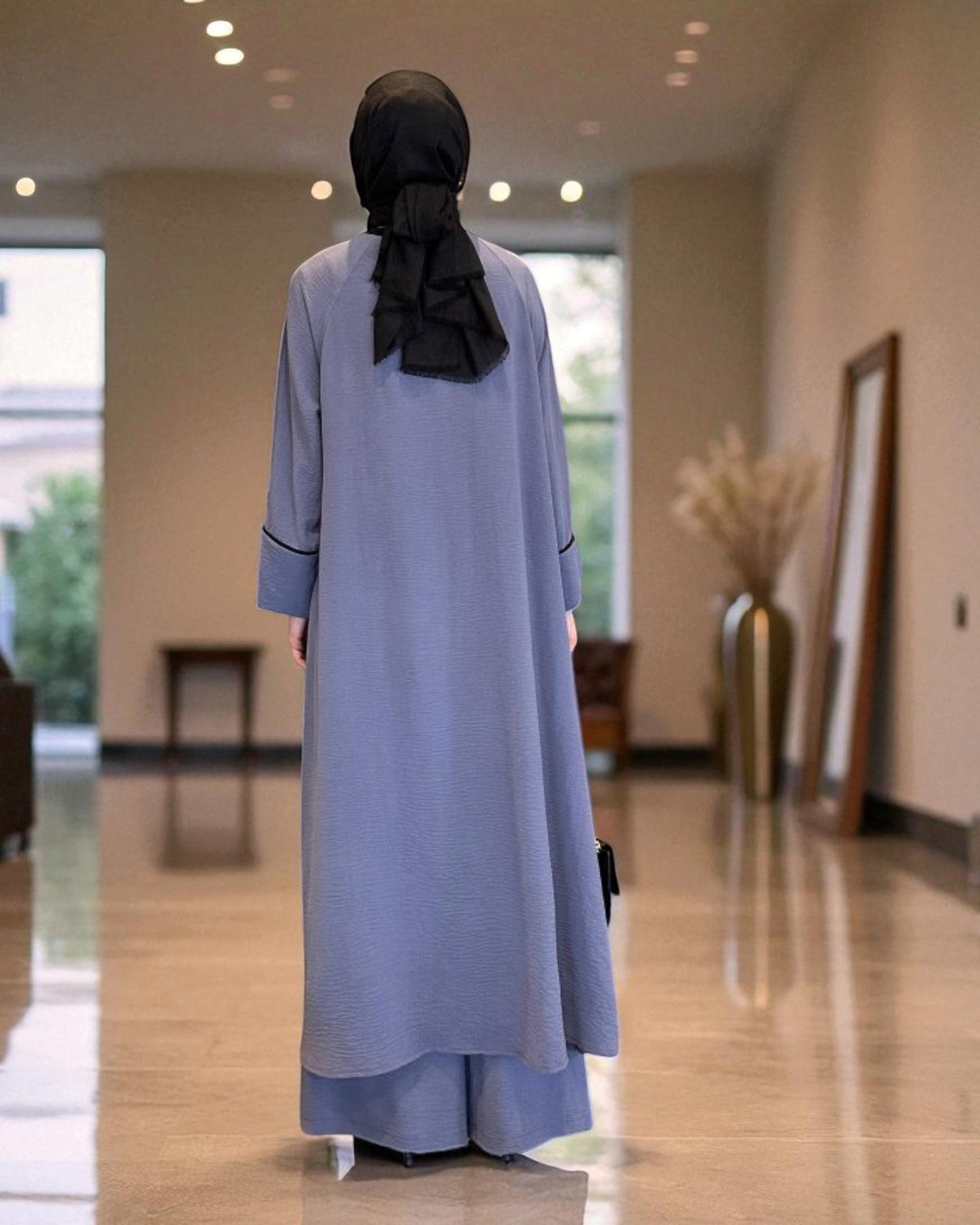 Graceful Modest Co-ord Set in Firdaus Fabric with Flowing Silhouette-Grey-Black