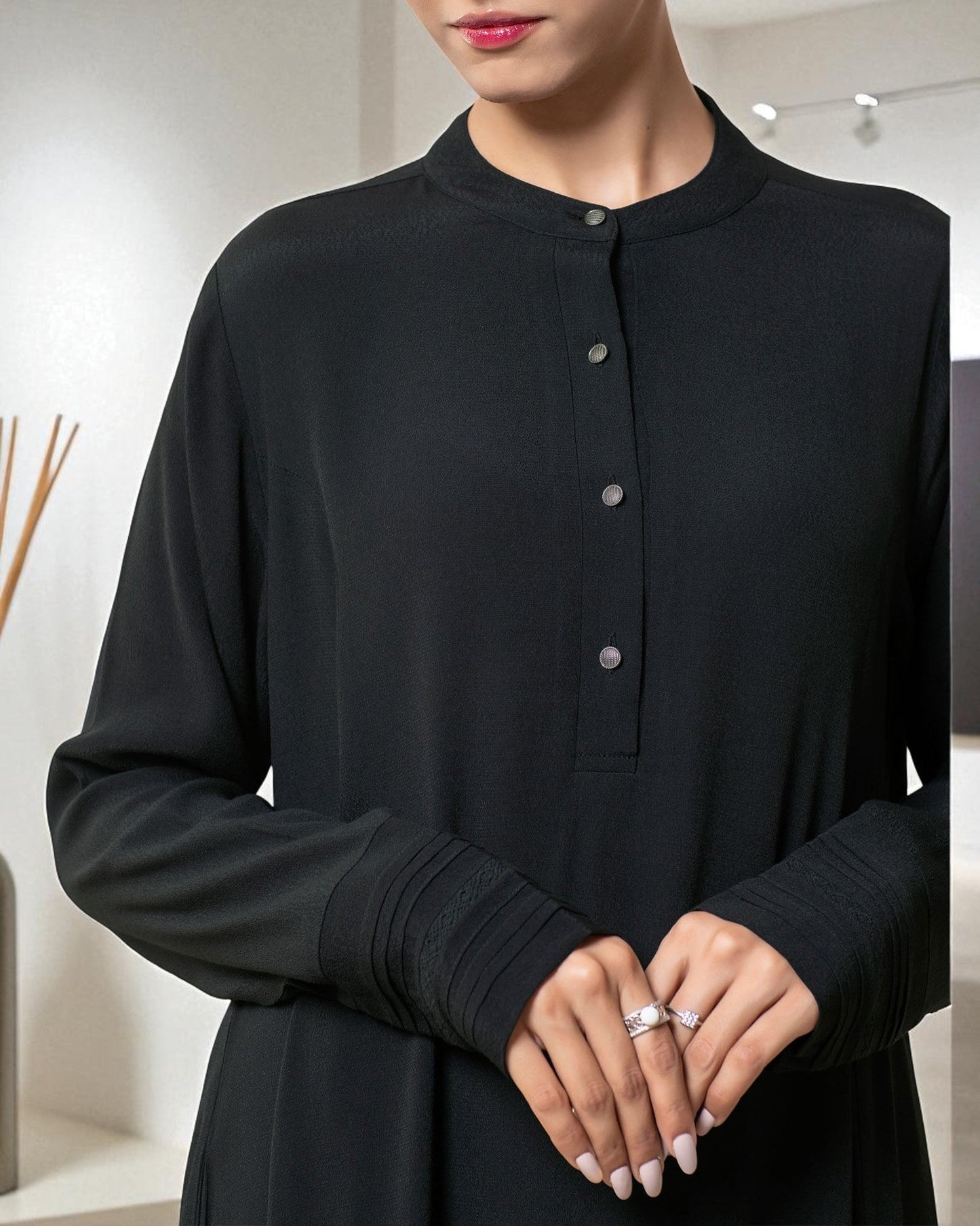 Umbrella Flare Abaya in Black Firdaus Fabric with Pleated Cuff Sleeves