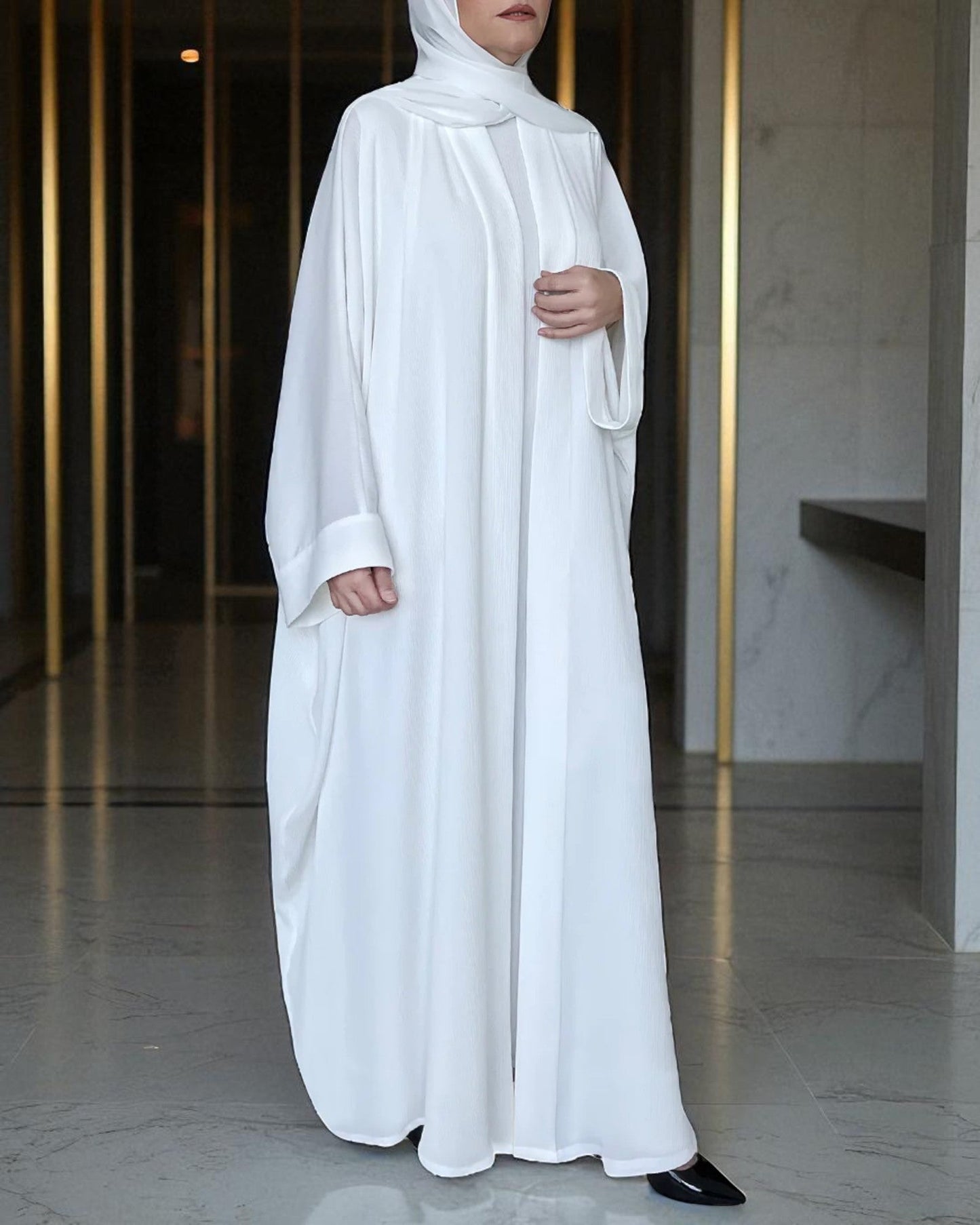 Front Open White Kaftan Abaya for Umrah in Nida Satin with Inner & Hijab