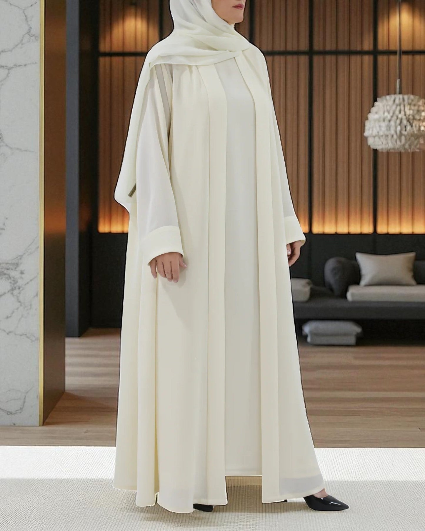 White Firdaus Front Open Abaya with Inner & Hijab | Abaya for Haj