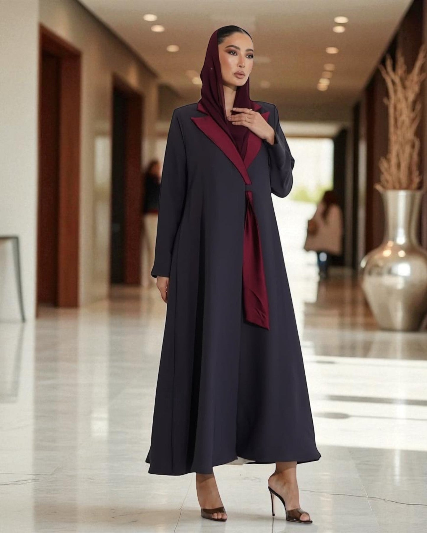 Graceful Contrast Satin Lapel in Latest Abaya Design