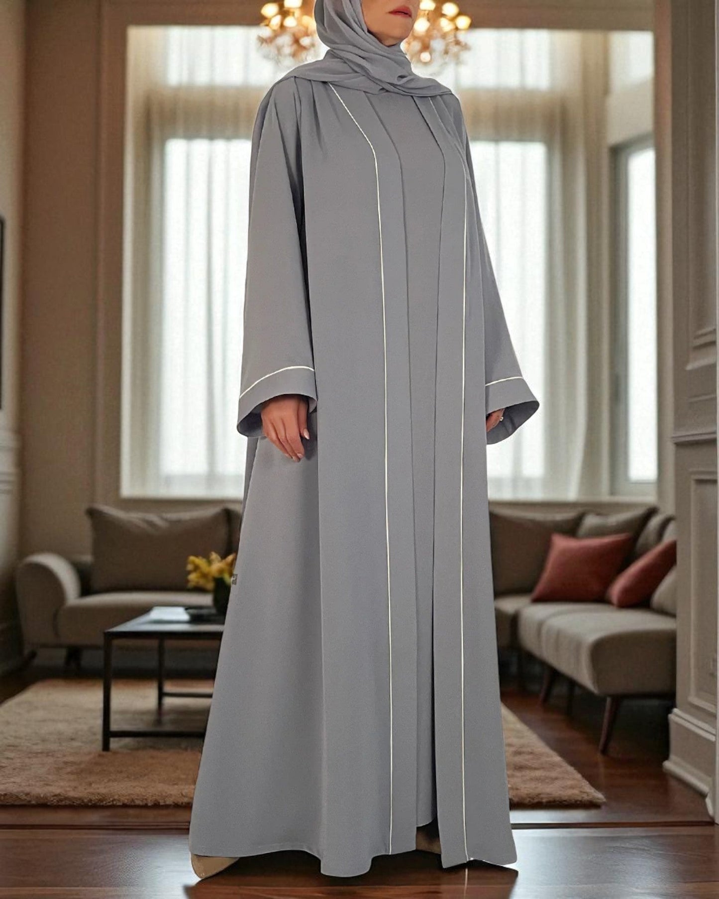 Shrug Abaya Front Open Firdaus Fabric with Contrast Piping and Inner