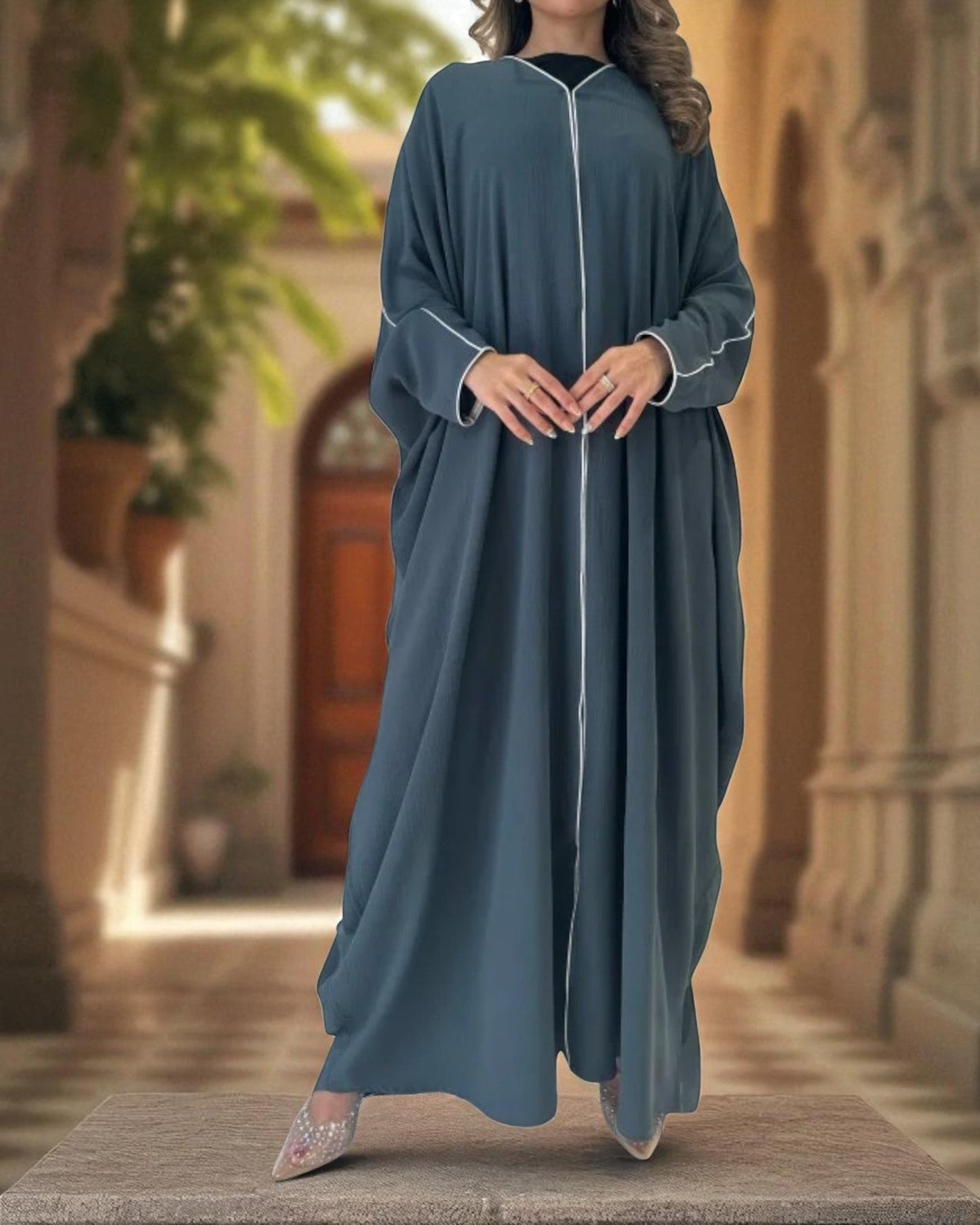 Elegant Free Size Plus Size Abaya in Cey Crush Fabric with Piping