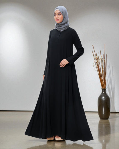 Umbrella Flare Abaya in Black Firdaus Fabric with Pleated Cuff Sleeves