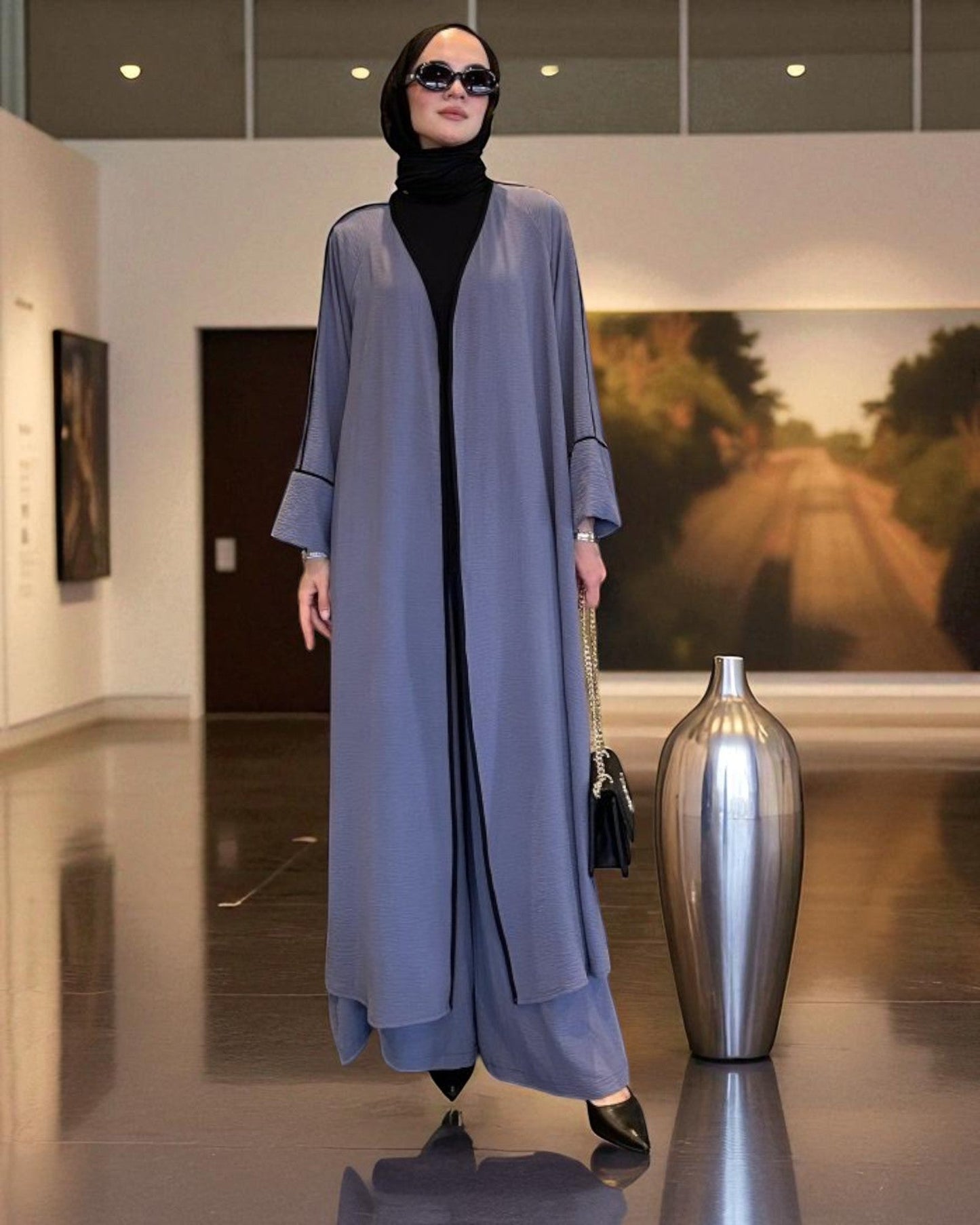 Graceful Modest Co-ord Set in Firdaus Fabric with Flowing Silhouette-Grey-Black