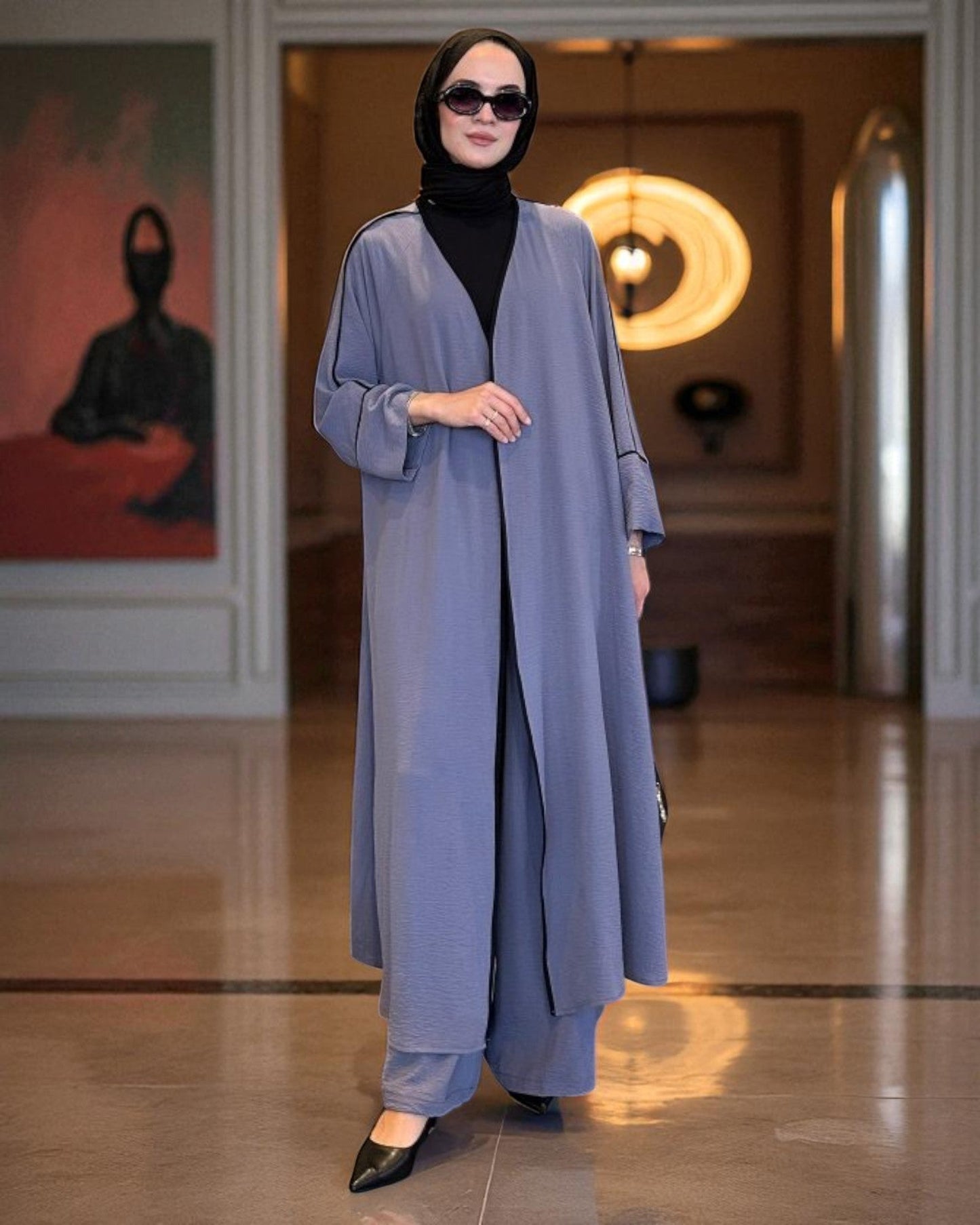 Graceful Modest Co-ord Set in Firdaus Fabric with Flowing Silhouette-Grey-Black