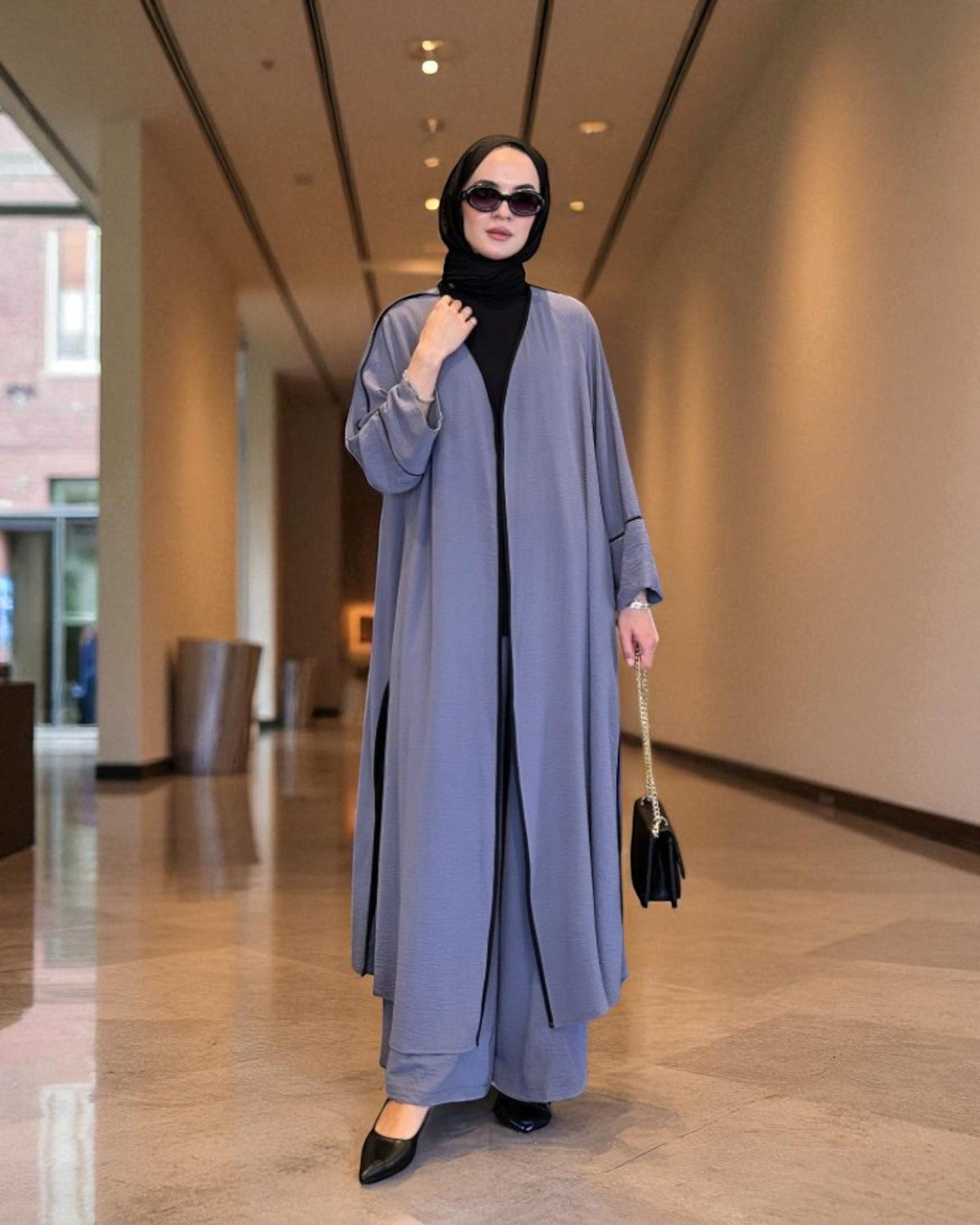 Graceful Modest Co-ord Set in Firdaus Fabric with Flowing Silhouette-Grey-Black