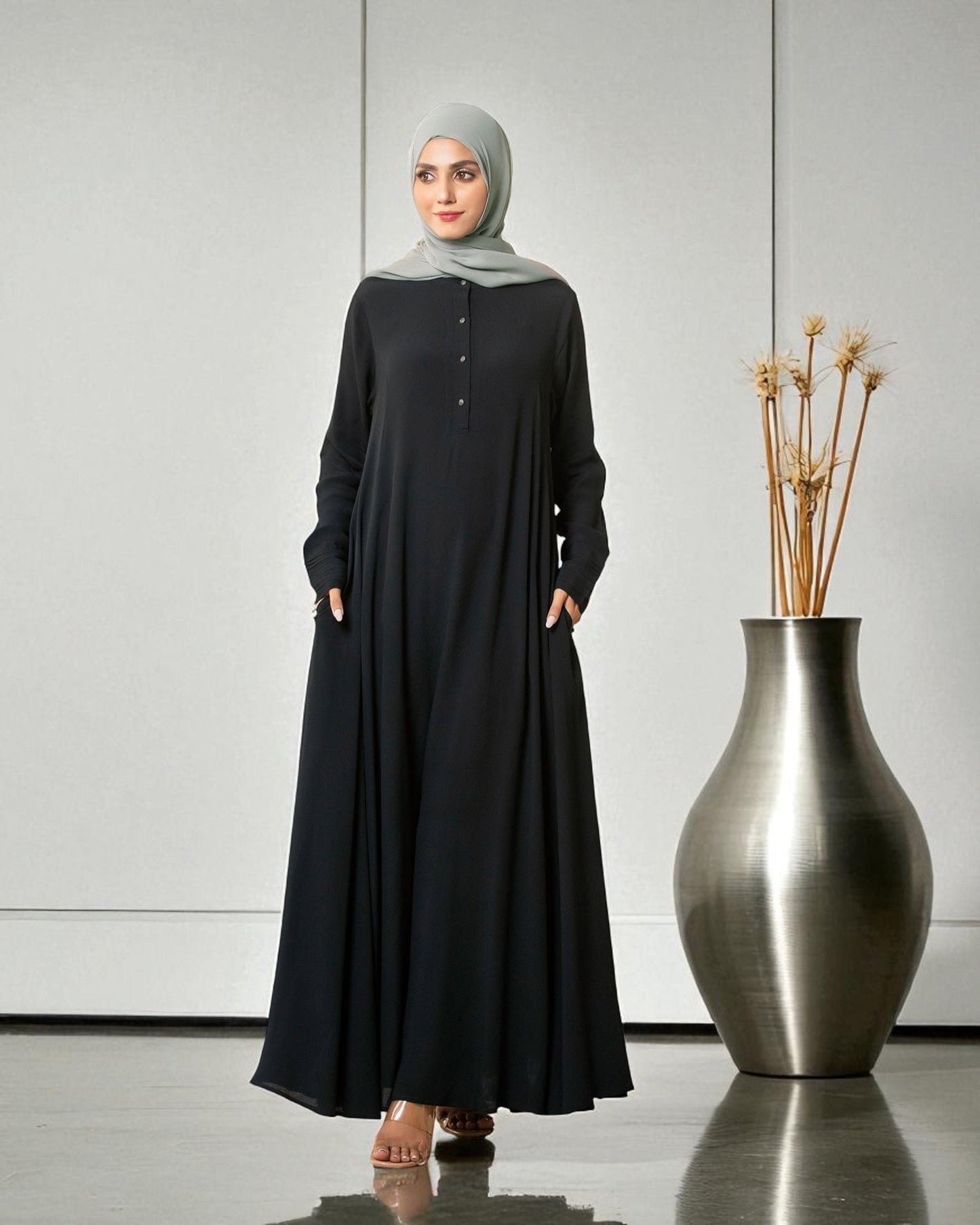 Umbrella Flare Abaya in Black Firdaus Fabric with Pleated Cuff Sleeves