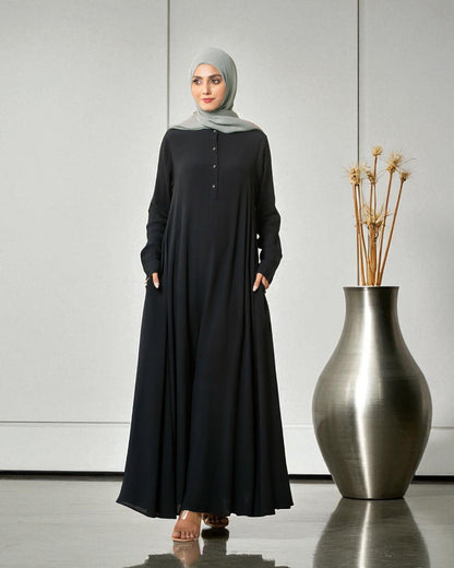 Umbrella Flare Abaya in Black Firdaus Fabric with Pleated Cuff Sleeves