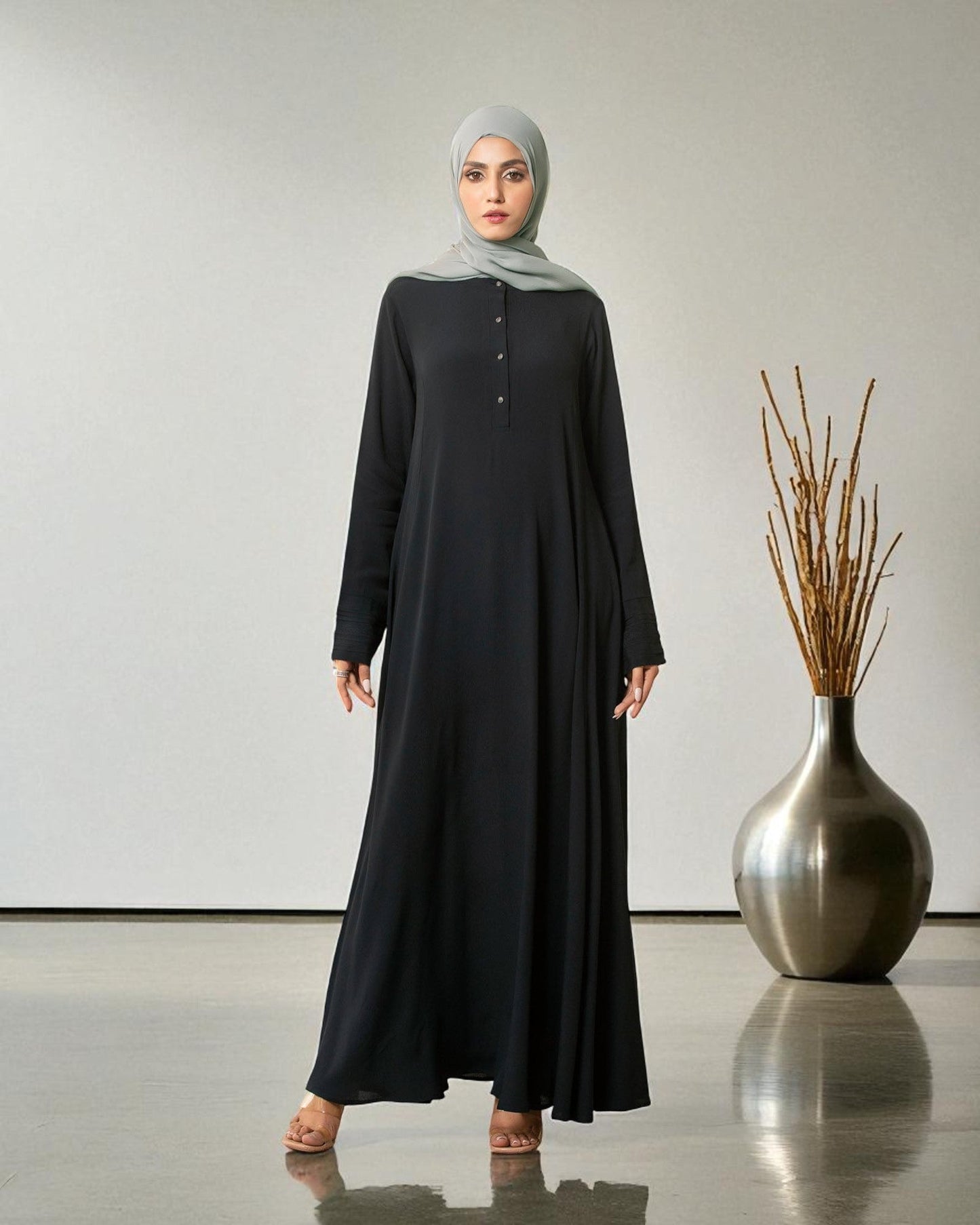 Umbrella Flare Abaya in Black Firdaus Fabric with Pleated Cuff Sleeves