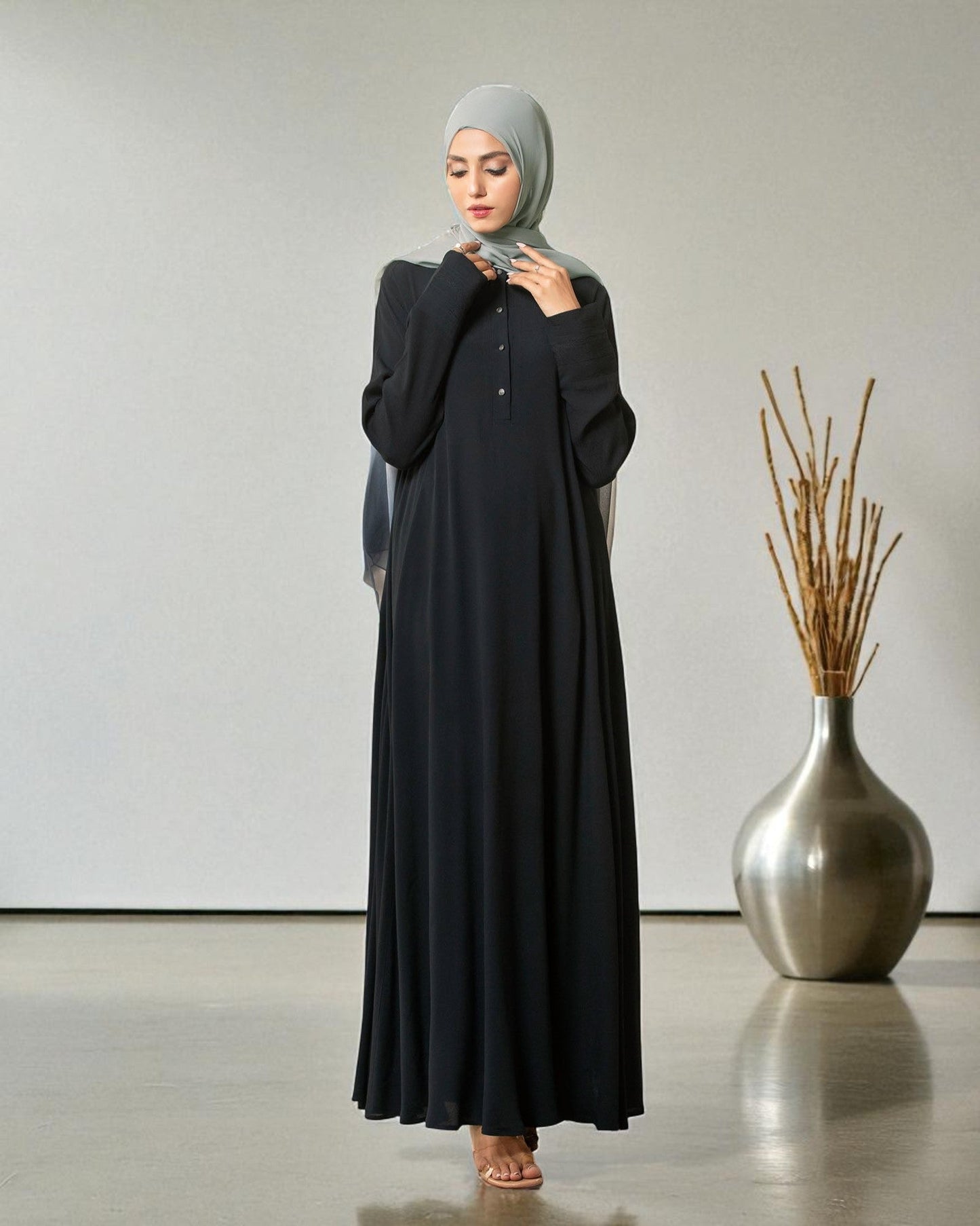 Umbrella Flare Abaya in Black Firdaus Fabric with Pleated Cuff Sleeves