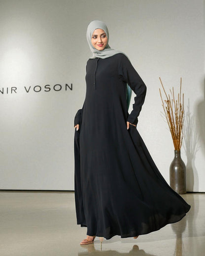 Umbrella Flare Abaya in Black Firdaus Fabric with Pleated Cuff Sleeves