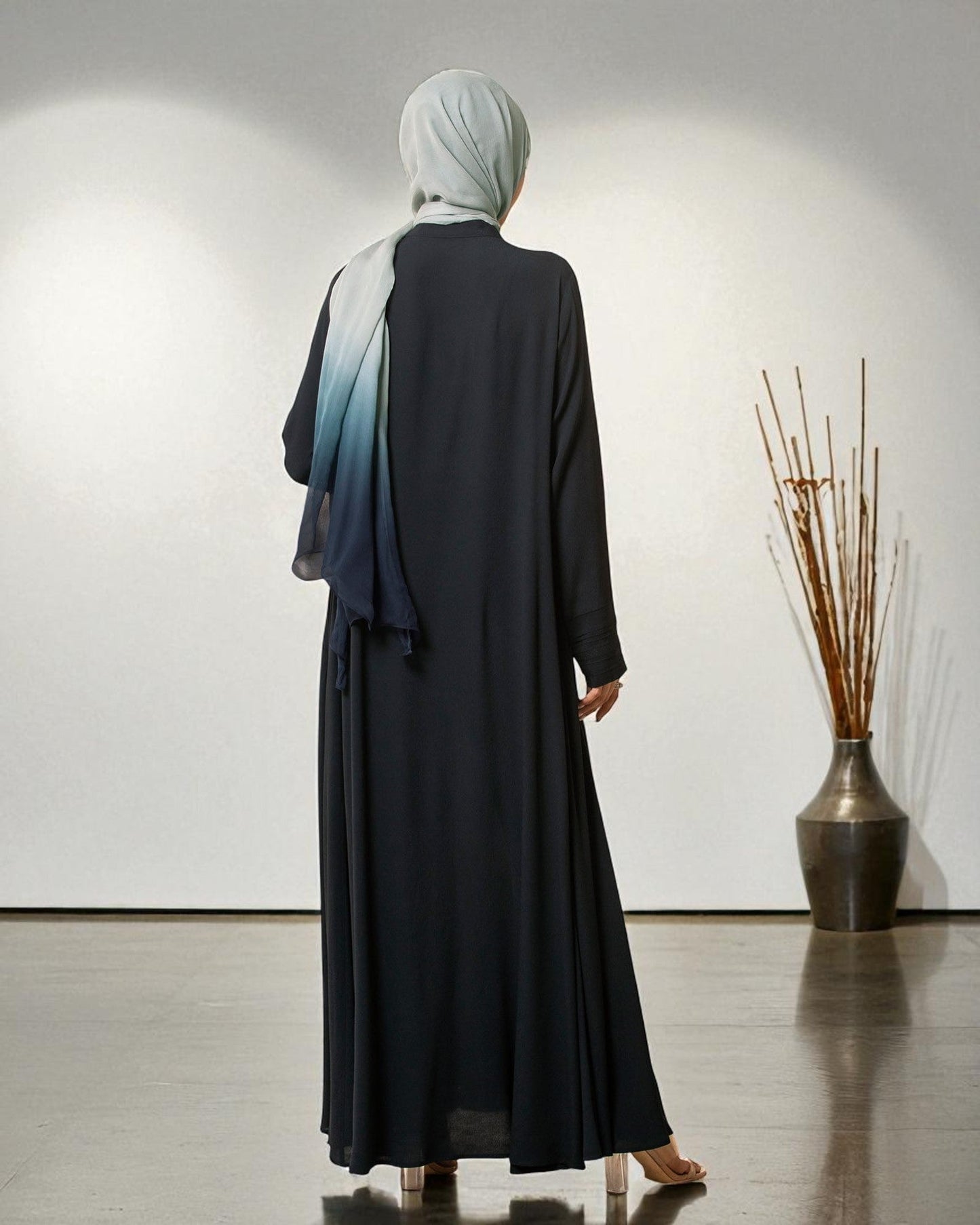Umbrella Flare Abaya in Black Firdaus Fabric with Pleated Cuff Sleeves