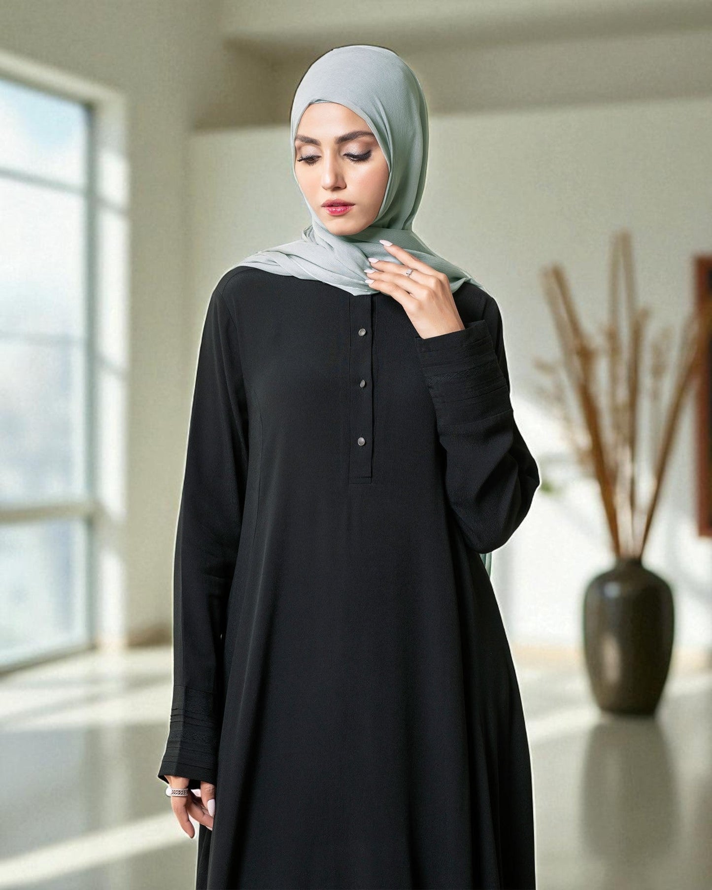 Umbrella Flare Abaya in Black Firdaus Fabric with Pleated Cuff Sleeves