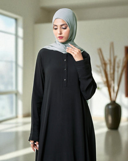 Umbrella Flare Abaya in Black Firdaus Fabric with Pleated Cuff Sleeves