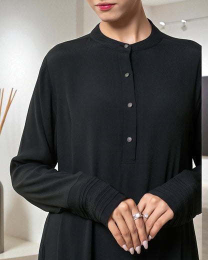 Umbrella Flare Abaya in Black Firdaus Fabric with Pleated Cuff Sleeves