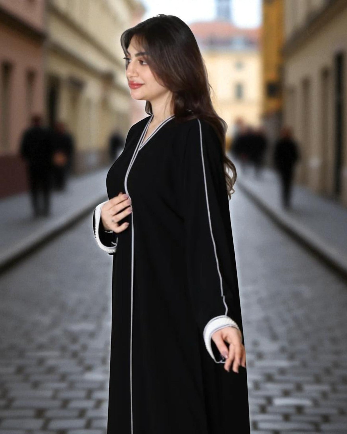 Black Firdaus Angrakha Abaya with Pearl Sleeve Detailing
