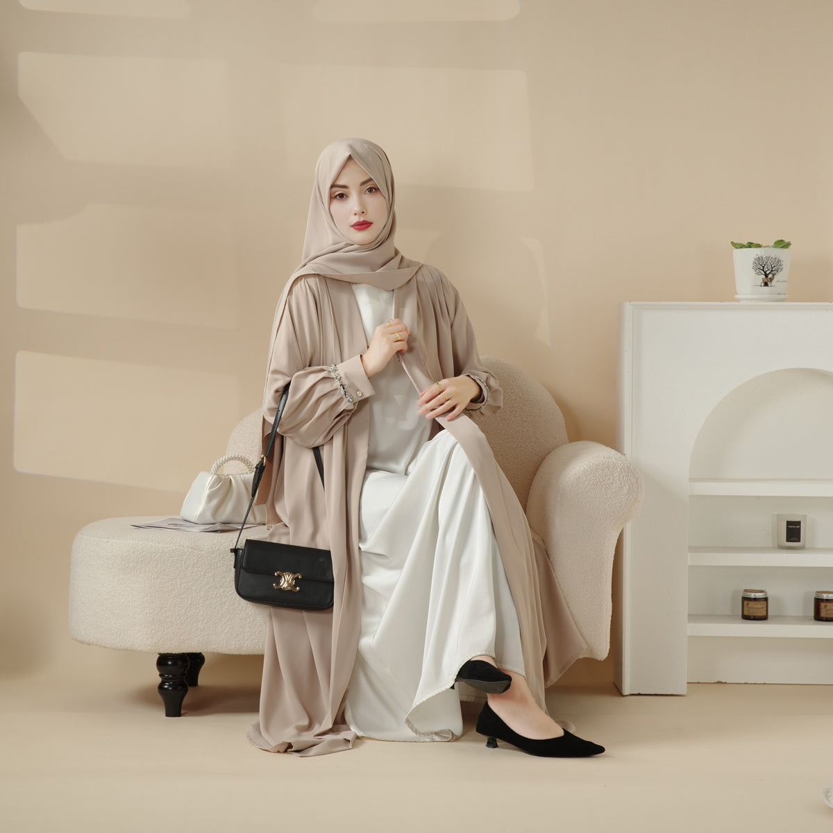 Luxurious Three-Piece Abaya Set with Designer Sleeves