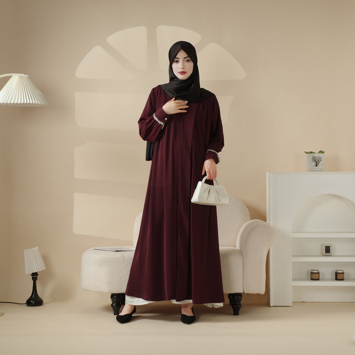 Luxurious Three-Piece Abaya Set with Designer Sleeves
