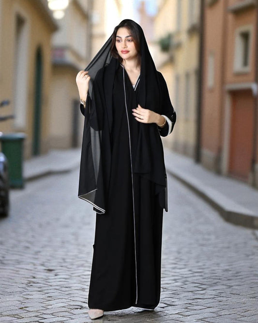 Black Firdaus Angrakha Abaya with Pearl Sleeve Detailing