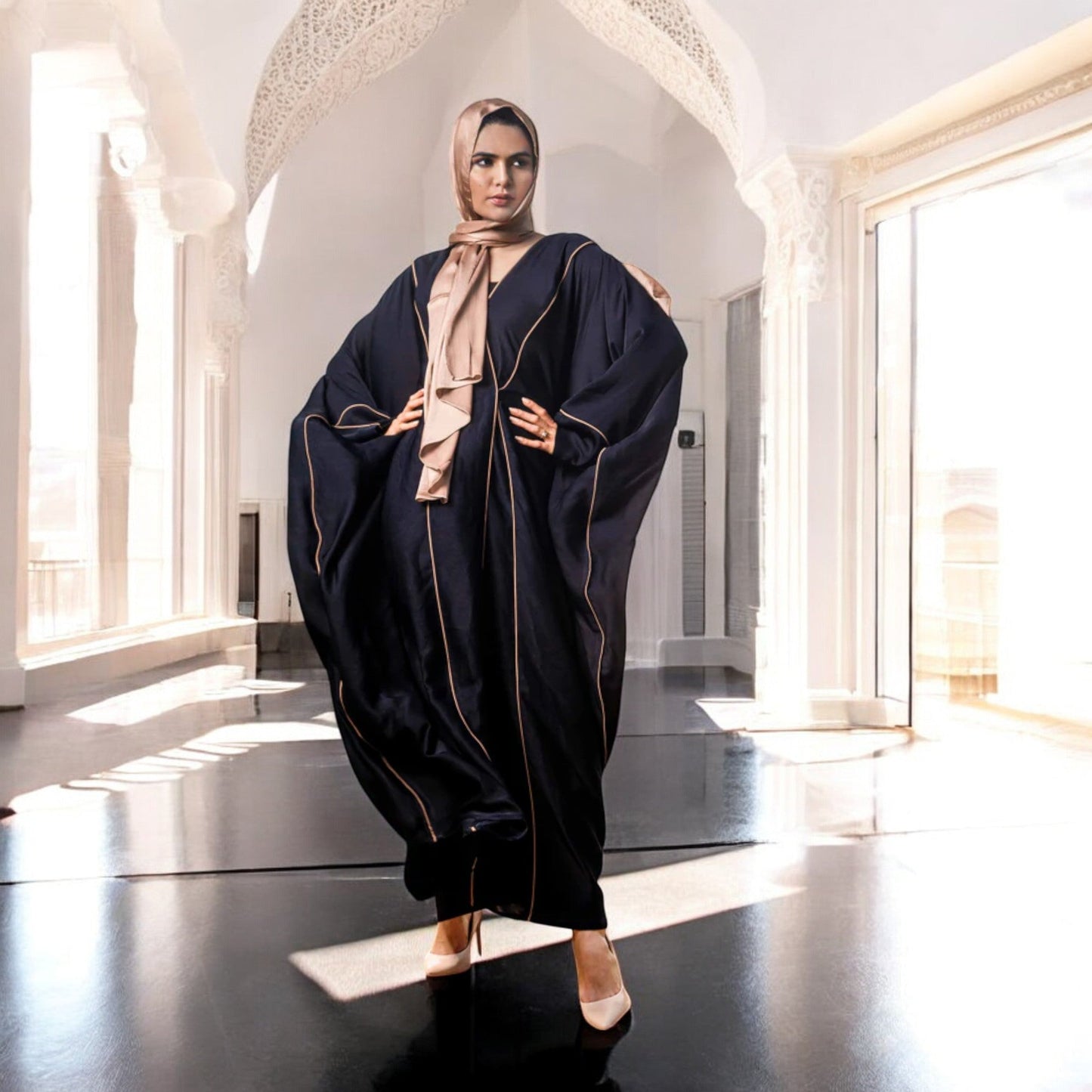 Luxury Tiktok Bhisht Kaftan Abaya with Satin Hijab Black