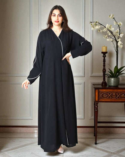 Angrakha Style Abaya for Woman in Cey Crush Fabric with White Piping