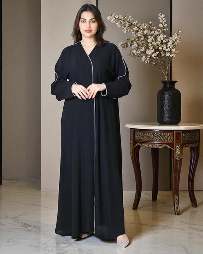 Angrakha Style Abaya for Woman in Cey Crush Fabric with White Piping