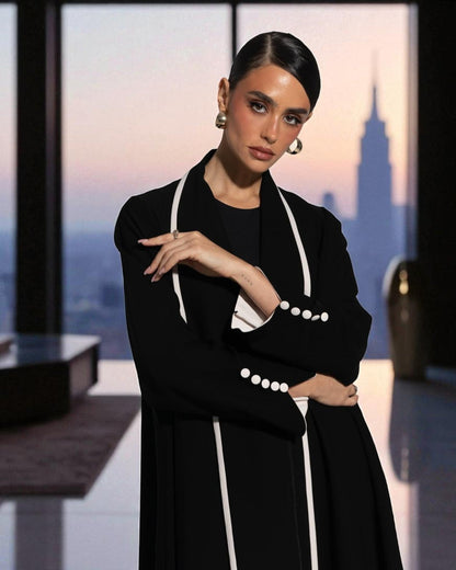 Designer Abaya in Prada Fabric with White Piping and Button Detail