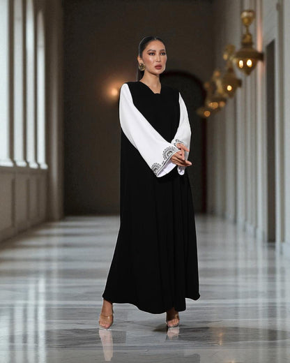 Black & White Luxury Abaya with Hand Embellished Sleeves
