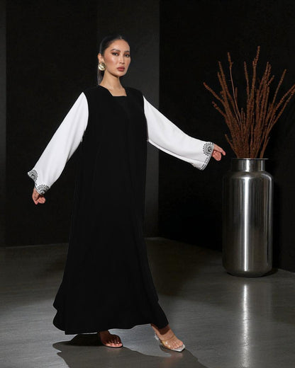 Black & White Luxury Abaya with Hand Embellished Sleeves