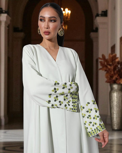 Graceful White 3-Piece Set with Handworked Sleeves in Premium Abayas