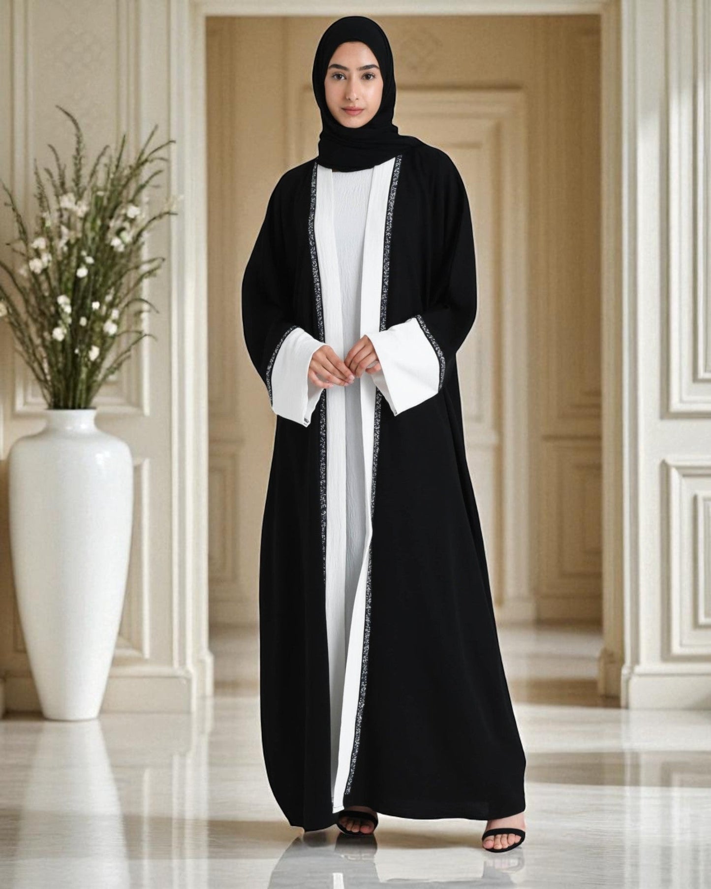 3 Piece Abaya Set in CEY Crush with Front Open Upper Abaya & Dupatta