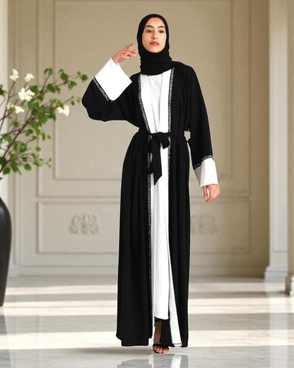 3 Piece Abaya Set in CEY Crush with Front Open Upper Abaya & Dupatta