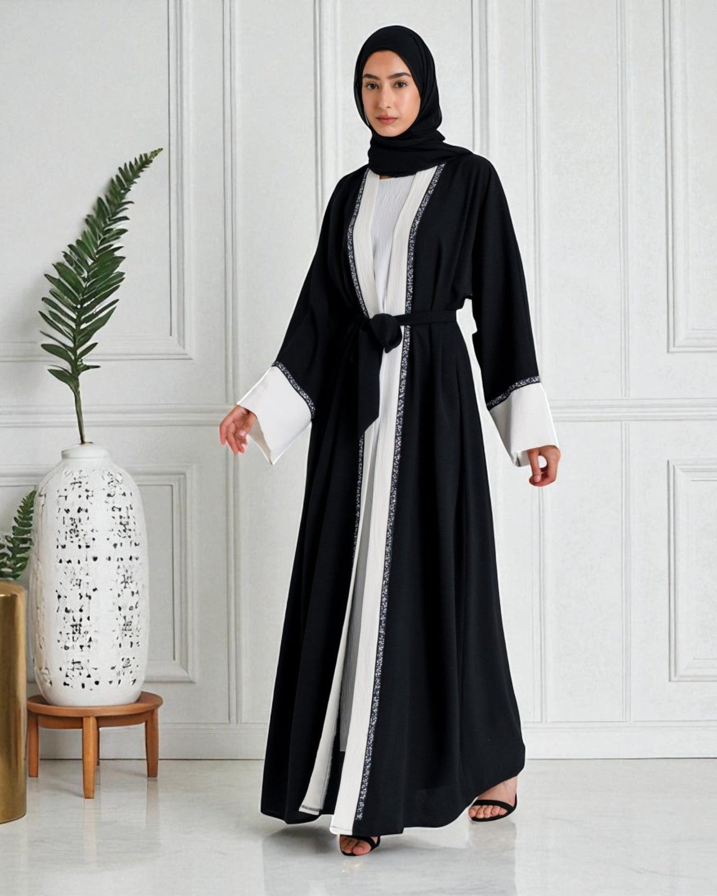 3 Piece Abaya Set in CEY Crush with Front Open Upper Abaya & Dupatta