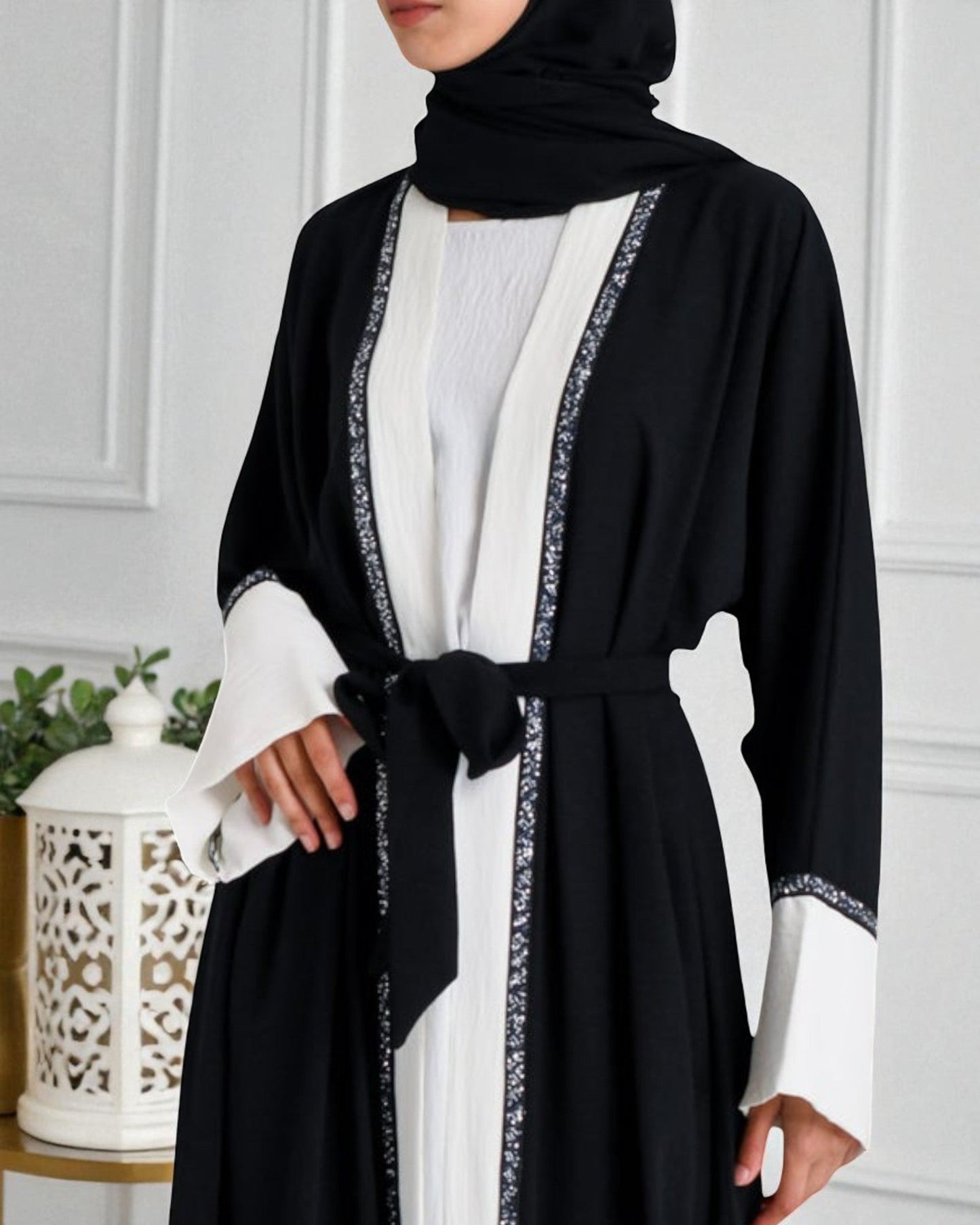 3 Piece Abaya Set in CEY Crush with Front Open Upper Abaya & Dupatta