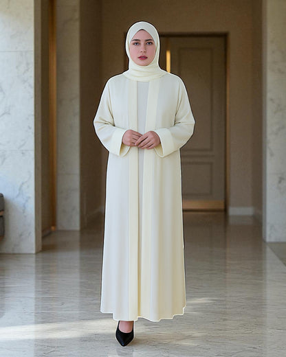 Abaya for Hajj Ð Front Open White Armani Satin Abaya with Inner & Hijab