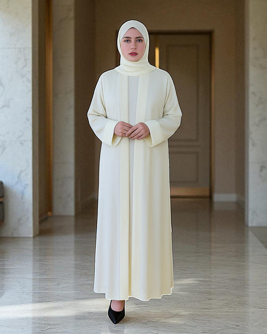Abaya for Hajj Ð Front Open White Armani Satin Abaya with Inner & Hijab