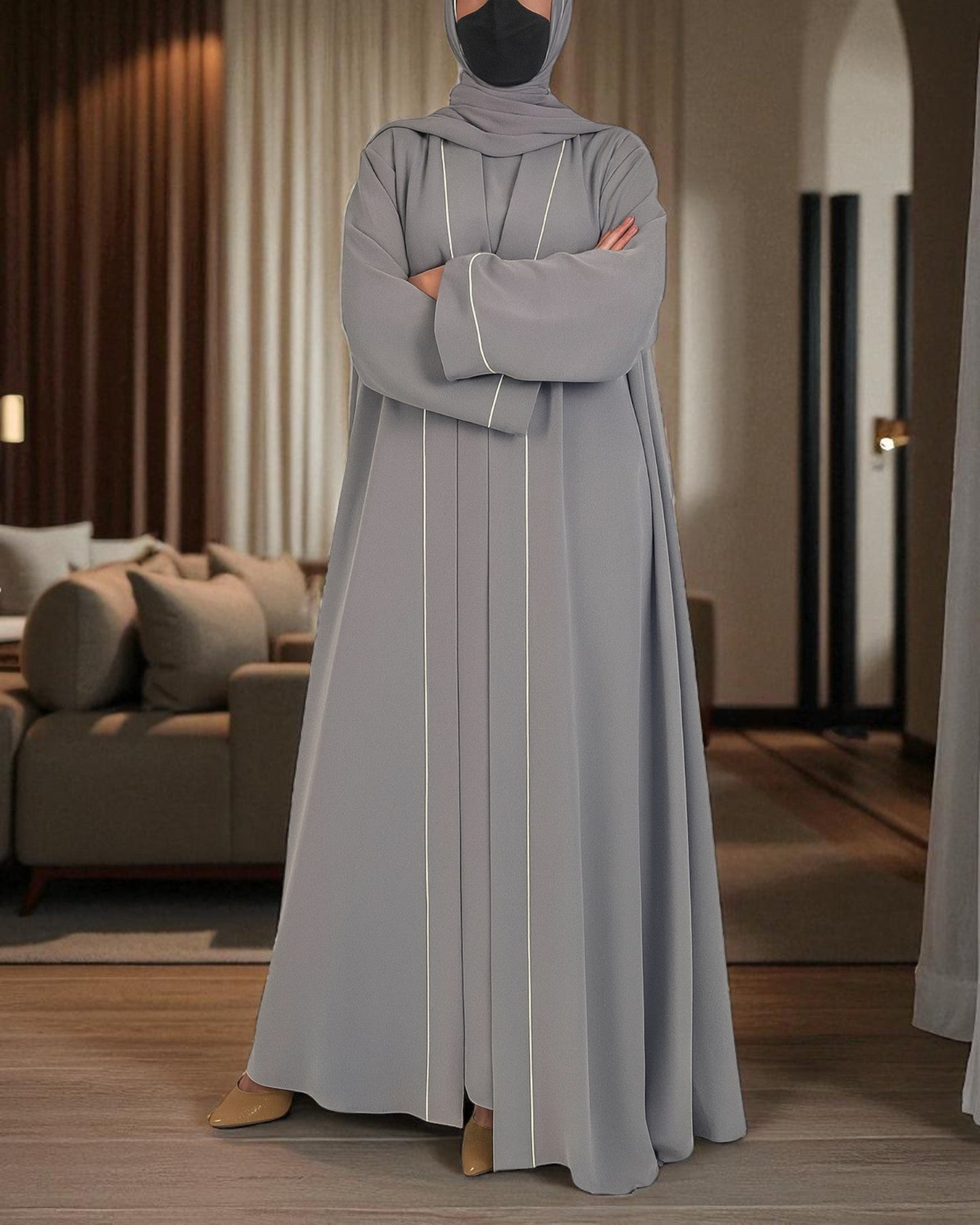 Shrug Abaya Front Open Firdaus Fabric with Contrast Piping and Inner