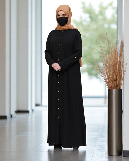 Modern Abaya in Black with Gold Button Detailing | Praada Fabric