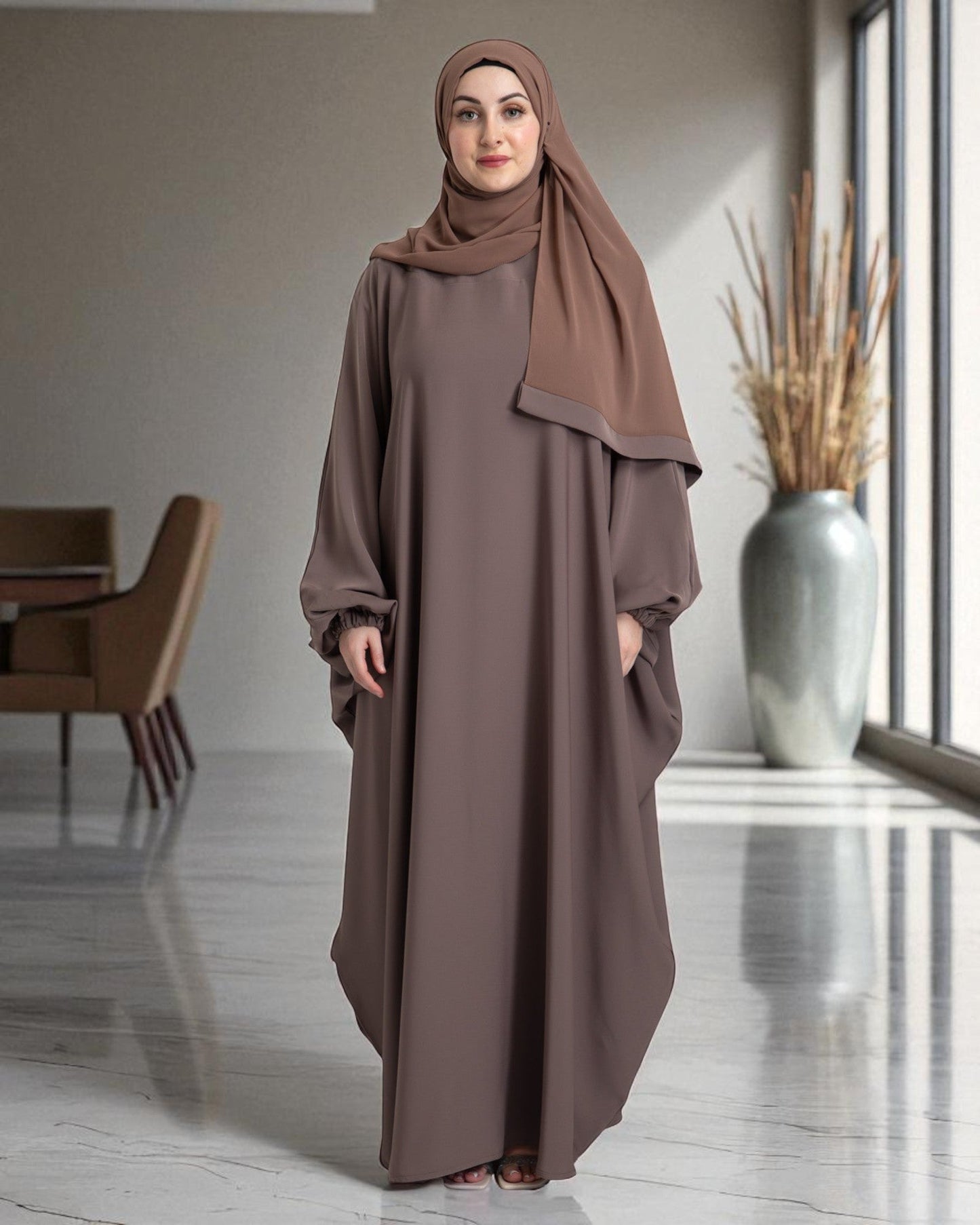 Free Size Kaftan Abaya in Firdaus Fabric with Elasticated Cuff Sleeves