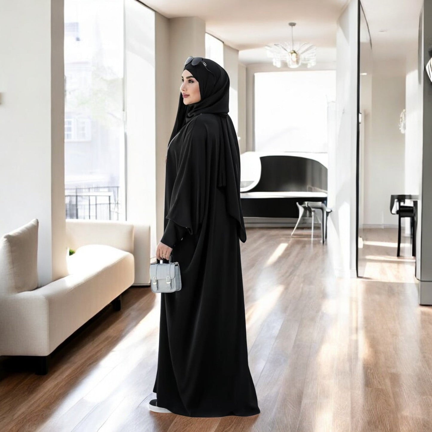 Free Size Kaftan with White Piping, Zipper Opening & Cuffed Sleeves in Premium Praada Fabric, Includes Hijab