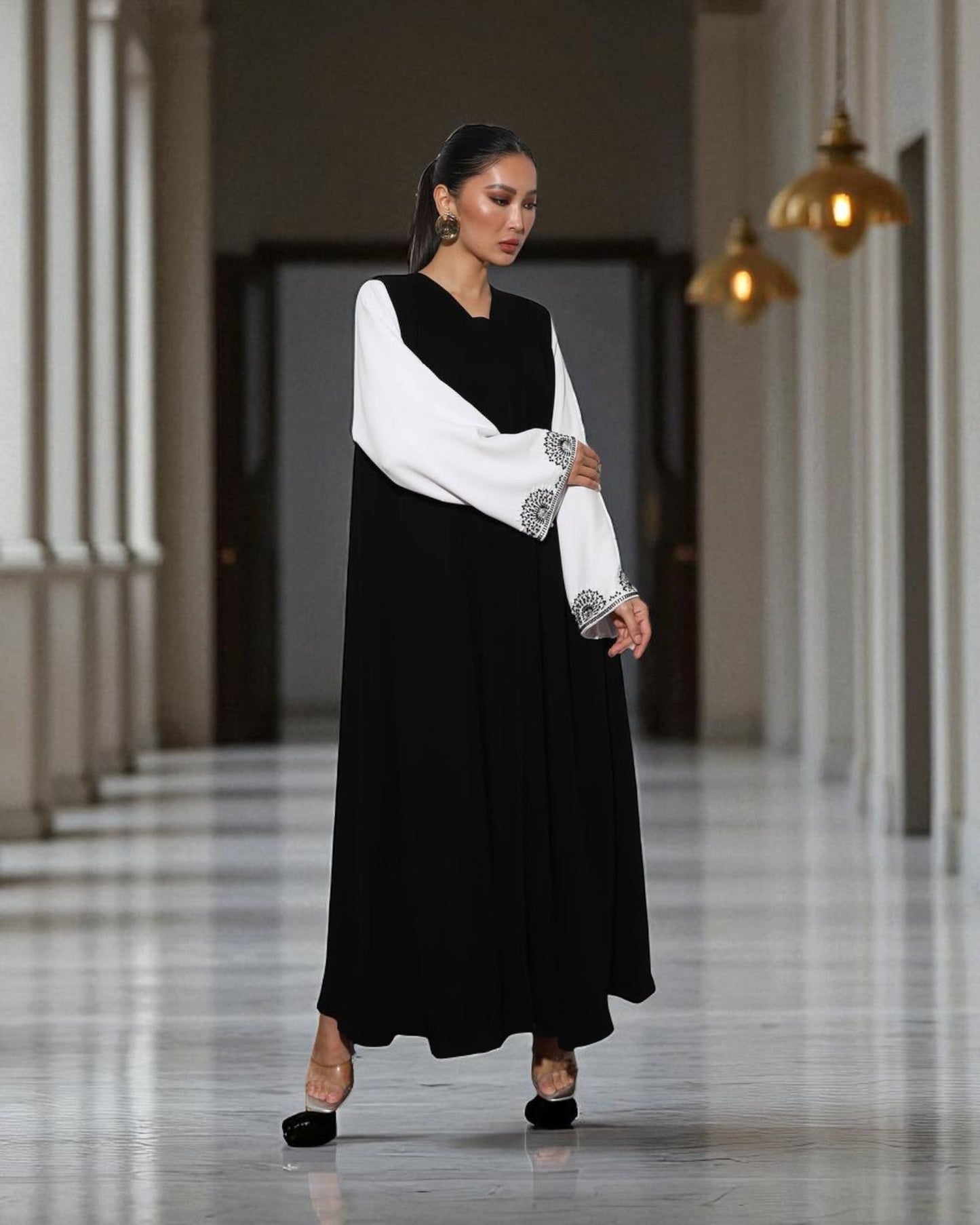 Black & White Luxury Abaya with Hand Embellished Sleeves