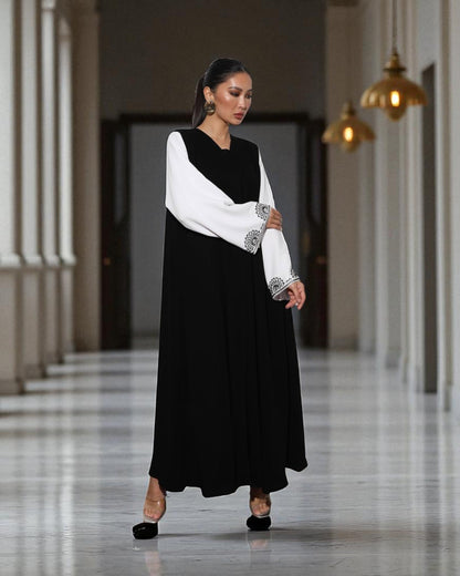 Black & White Luxury Abaya with Hand Embellished Sleeves