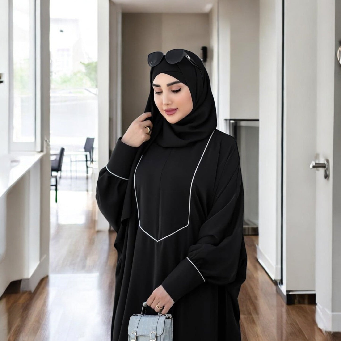 Free Size Kaftan with White Piping, Zipper Opening & Cuffed Sleeves in Premium Praada Fabric, Includes Hijab