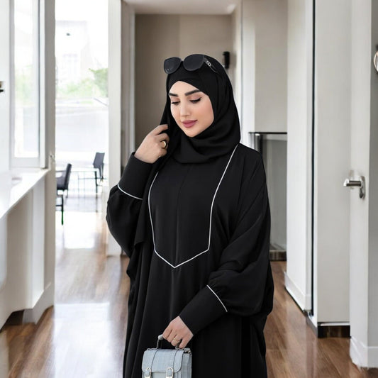 Free Size Kaftan with White Piping, Zipper Opening & Cuffed Sleeves in Premium Praada Fabric, Includes Hijab