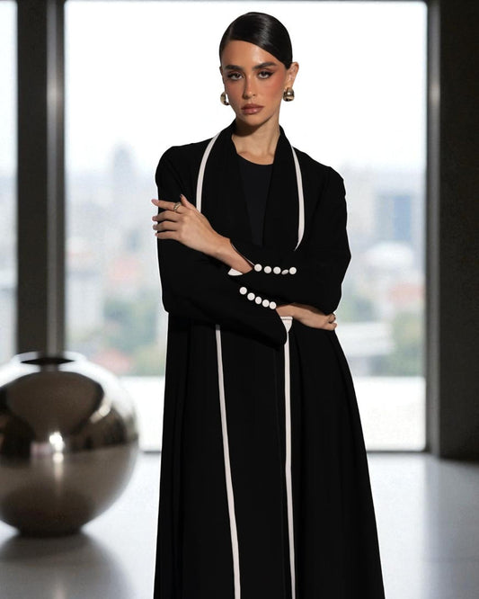 Designer Abaya in Prada Fabric with White Piping and Button Detail