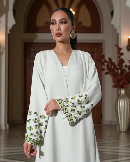 Graceful White 3-Piece Set with Handworked Sleeves in Premium Abayas