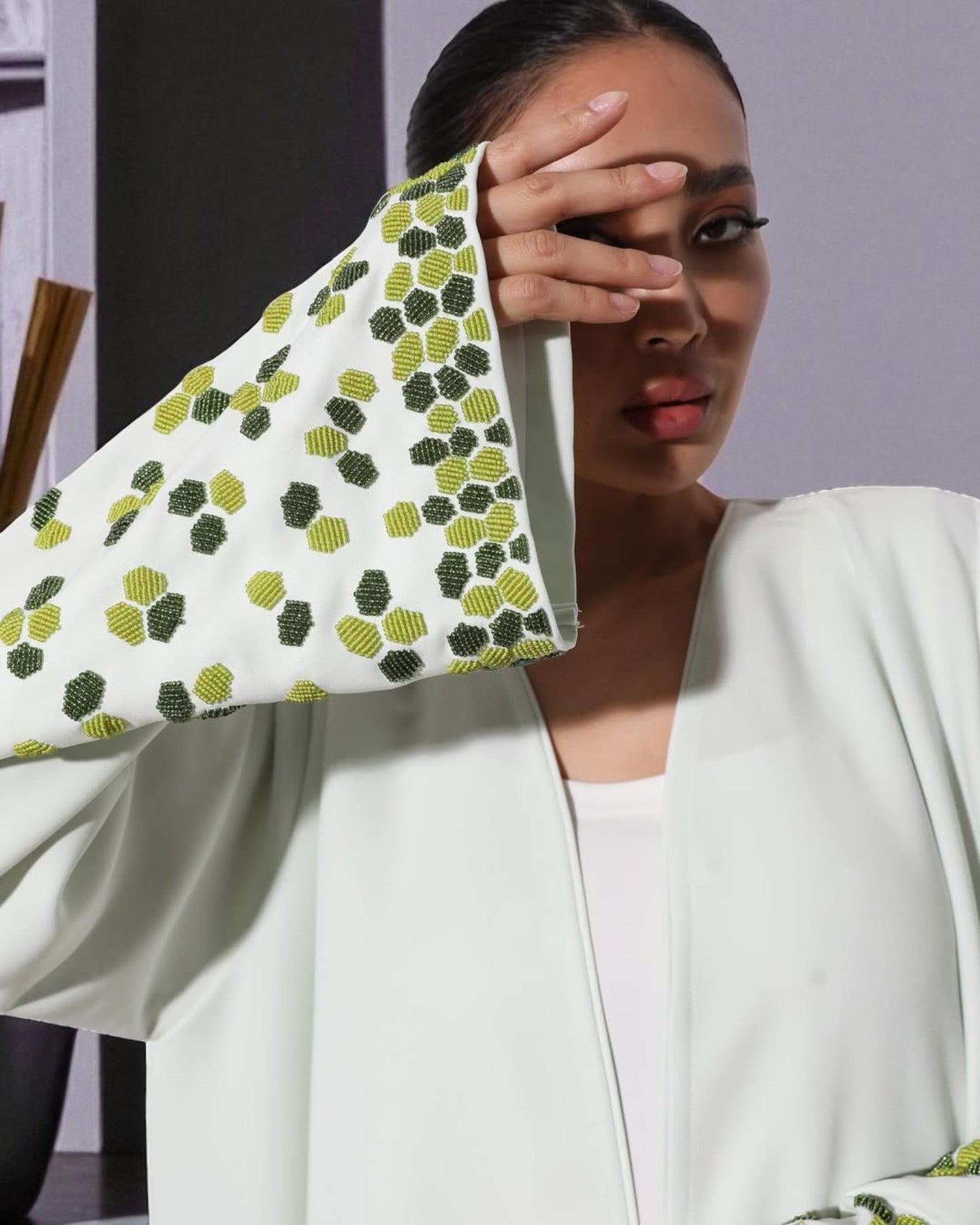 Graceful White 3-Piece Set with Handworked Sleeves in Premium Abayas