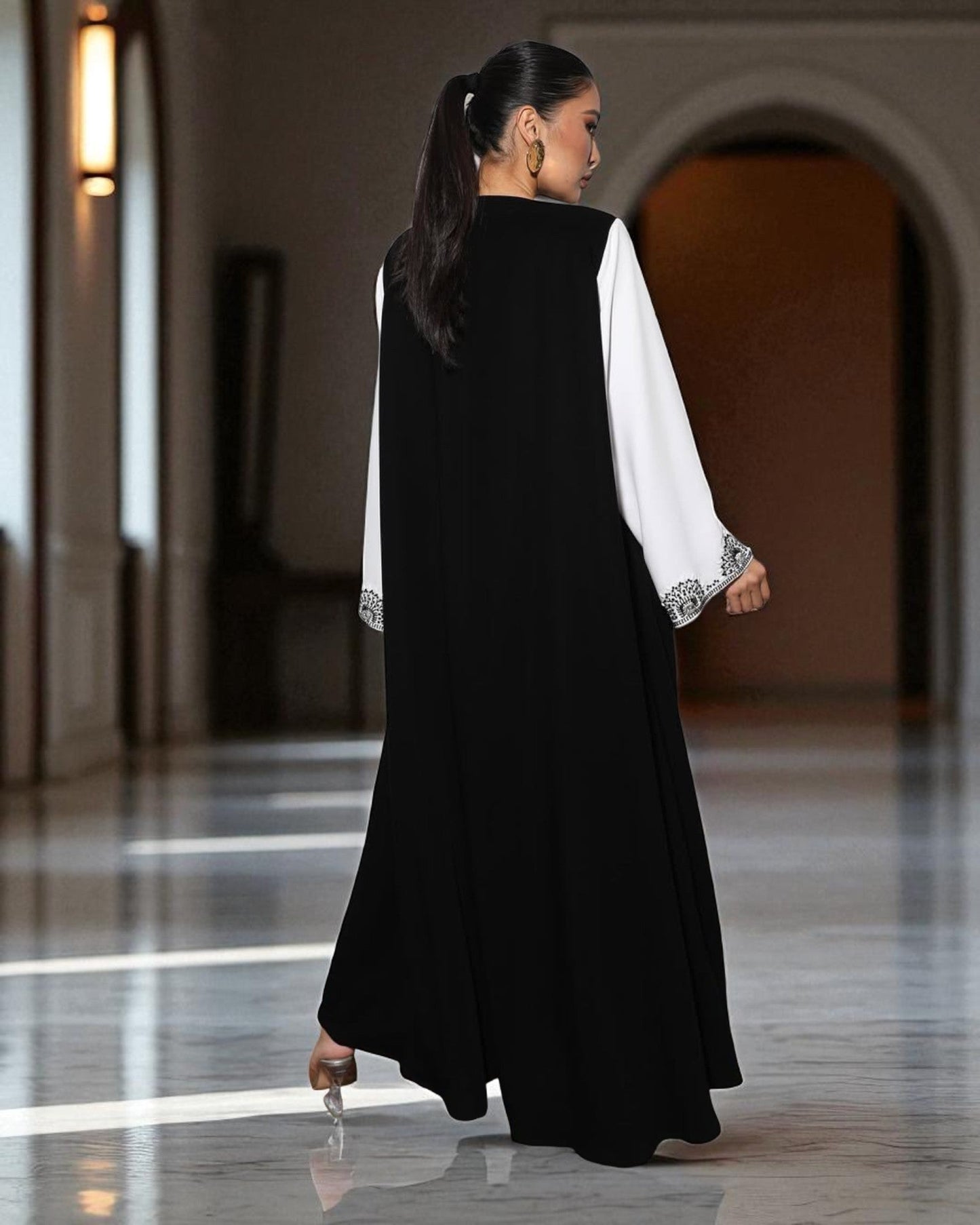 Black & White Luxury Abaya with Hand Embellished Sleeves