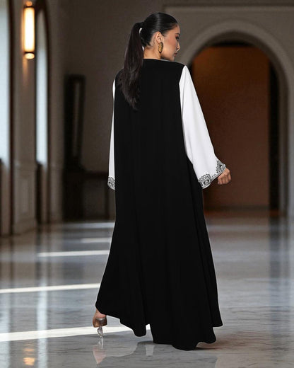 Black & White Luxury Abaya with Hand Embellished Sleeves